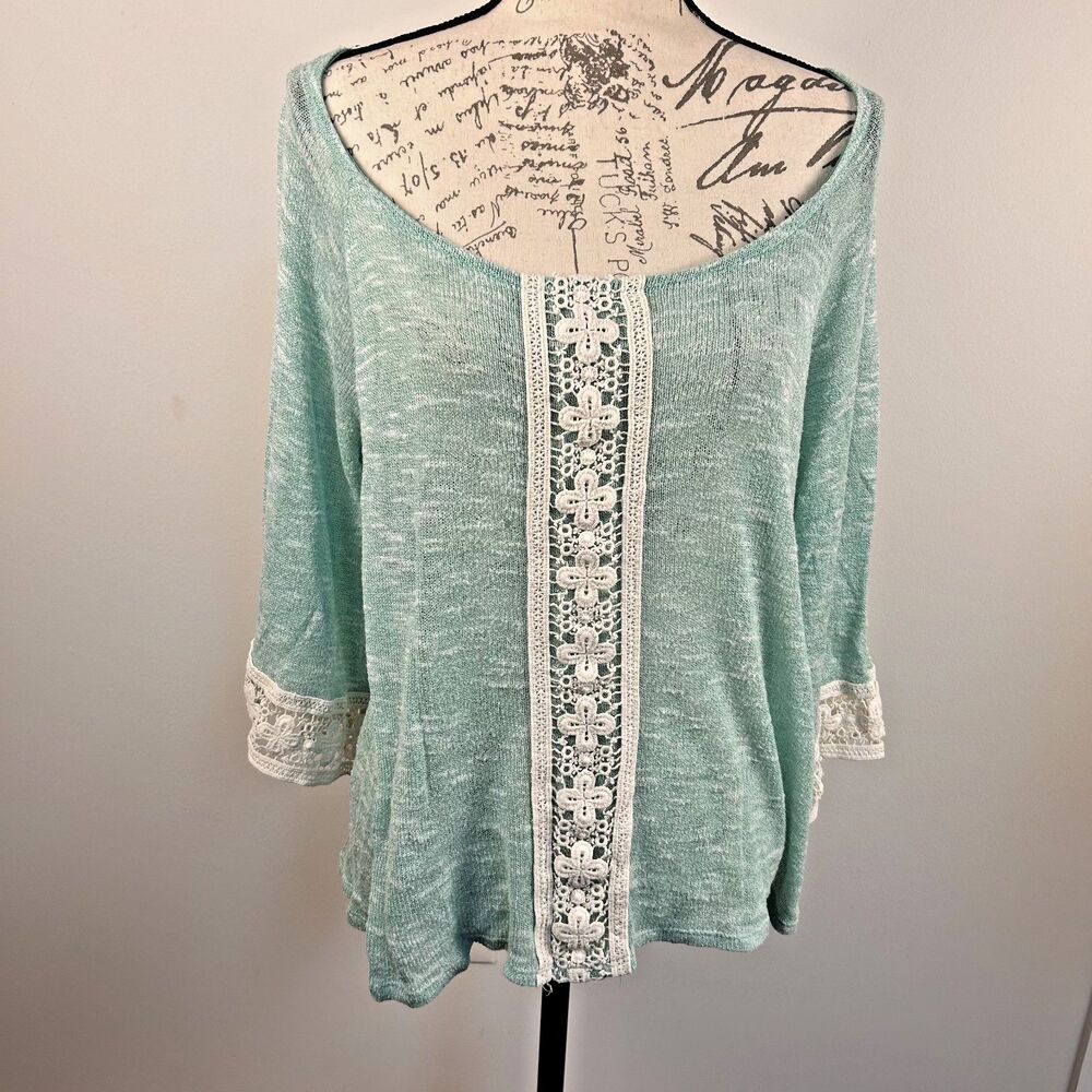 Entro Mint Green Lace Trim Tunic Top Women One Size Boho 3/4 Sleeve